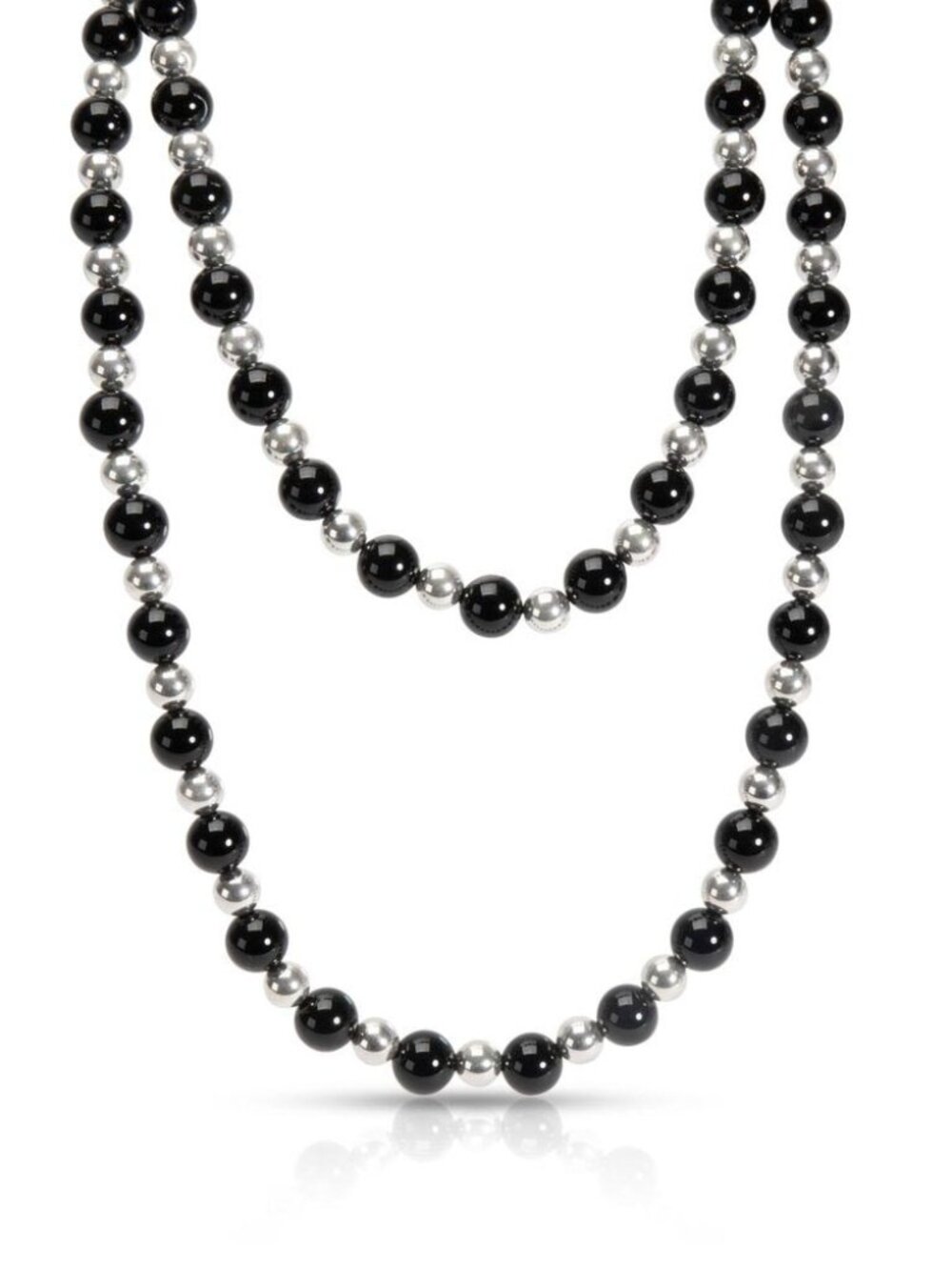 TIFFANY & CO. ONYX 9.525 MM BEADS W/ STERLING 4.76 MM BEADS 28" L. NECKLACE 51